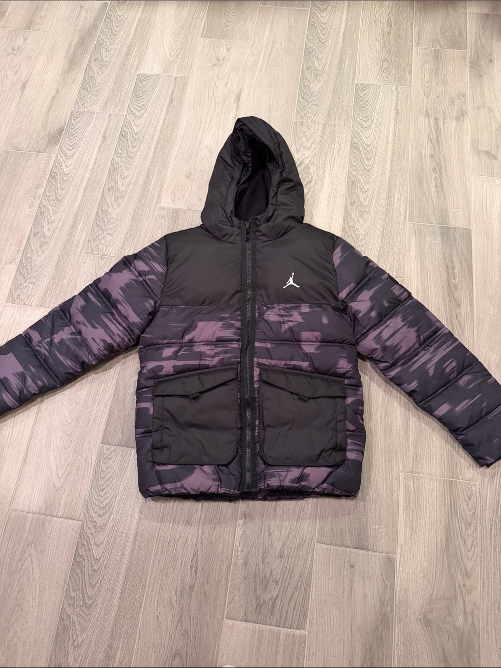 Nike Jordan Kids' Black & Brown Puffer Jacket with Hood Size L